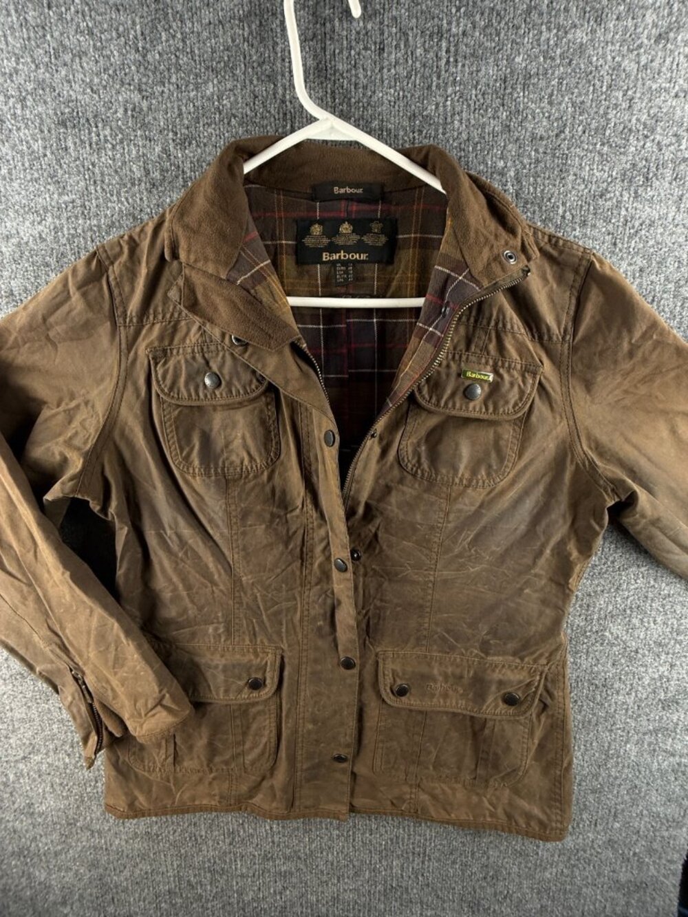 Barbour Ladies Utility Waxed Jacket Women Full Zip Brown Size 10 US TARTAN LINED